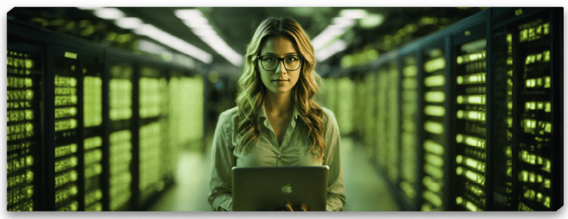 Imagem: Uma mulher branca de cabelos loiros, usando óculos de grau e camisa social, segura um notebook aberto no centro da tela. Ao fundo, uma sala com servidores de bancos de dados iluminados por LEDs verdes.