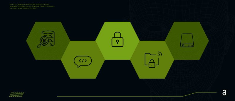 Imagem com fundo preto: no canto superior esquerdo, números verdes representam códigos binários. Na parte inferior, uma linha verde percorre a imagem. No centro, 5 hexágonos conectados, simbolizando continuidade. Cada hexágono contém: lupa sobre pilha de banco de dados, balão de conversa com código de programação, cadeado, pasta com sinal Wi-Fi e cadeado à frente, e um dispositivo semelhante a um modem ou provedor.