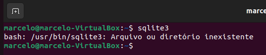 Imagem do terminal do Linux, com fundo de cor vinho. No terminal, estamos executando o comando para verificar se o SQLite está instalado, e como resultado temos um aviso de arquivo ou diretório inexistente, ou seja, o programa não está instalado.