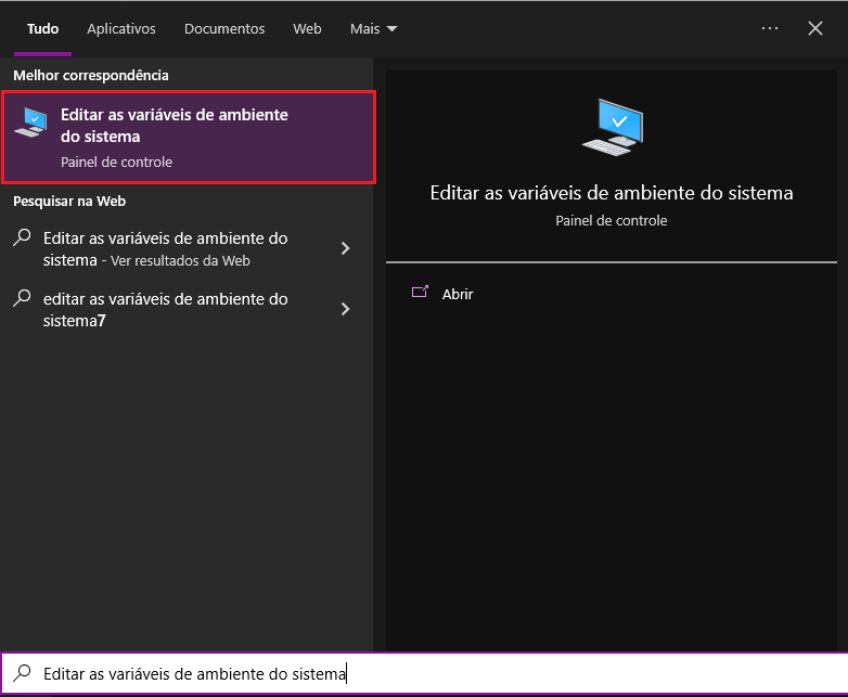 Imagem da tela de busca do Windows, com fundo preto. À esquerda, temos o resultado pesquisado e à direita suas informações.