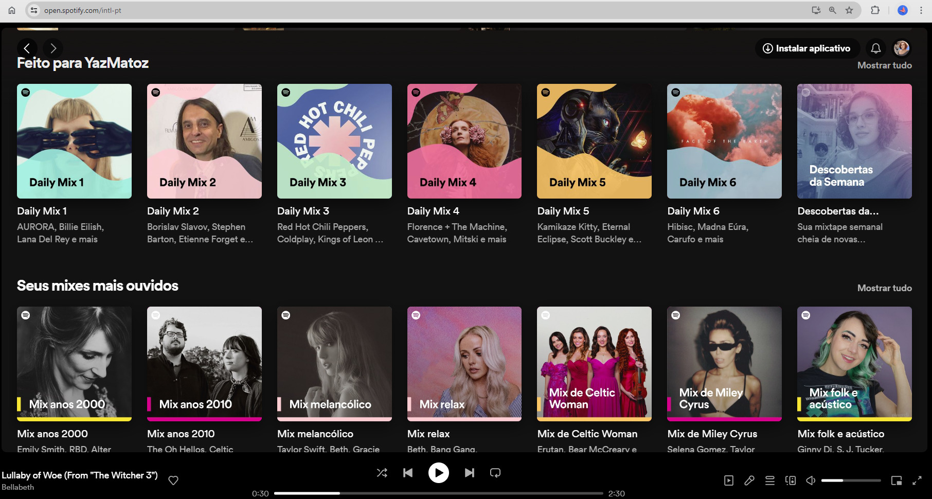 Printscreen de tela com playlists sugeridas pelo Spotify para pessoa usuária.