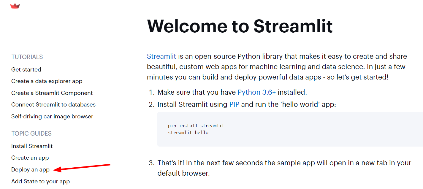 Página inicial da documentação do Streamlit. Essa página possui o título Welcome to Streamlit. A opção Deploy an app localizada na barra lateral esquerda encontra-se destacada por uma seta vermelha.