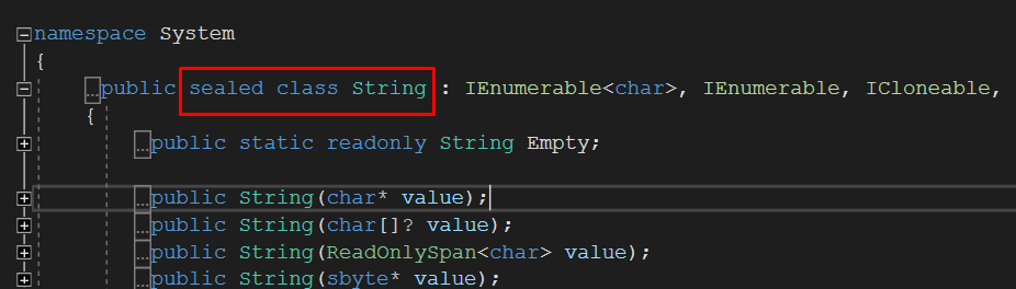 Recorte dos metadados da classe String, visível no Visual Studio Community.