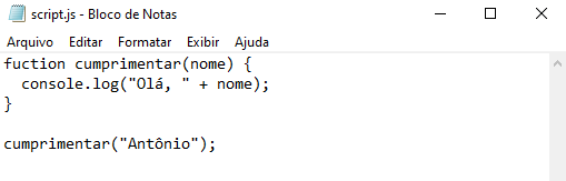 O mesmo código do exemplo anterior em um bloco de notas, mas agora a palavra “function” foi escrita incorretamente como “fuction”.