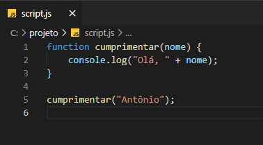 O mesmo código Javascript, mas agora no Visual Studio Code, com várias palavras coloridas. A palavra-chave “function” está em azul escuro, o nome da função está em amarelo, o parâmetro da função está em azul claro e os textos entre aspas estão em marrom claro.