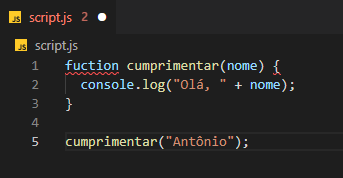 O mesmo código com o erro de escrita, mas agora o editor de código sublinhou de vermelho a palavra “fuction” e também a chave de abertura da função.