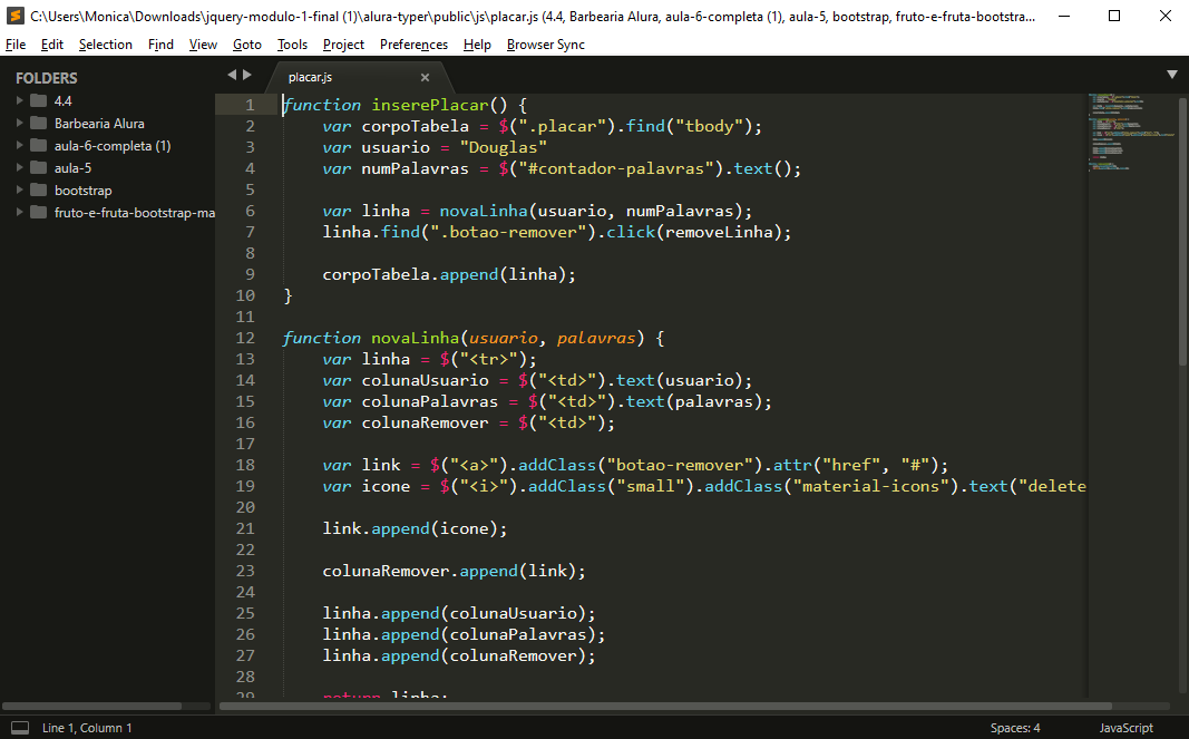 Screenshot do editor do Sublime Text com um projeto em Javascript aberto, ao lado esquerdo há a estrutura de pastas do projeto e ao meio o código.