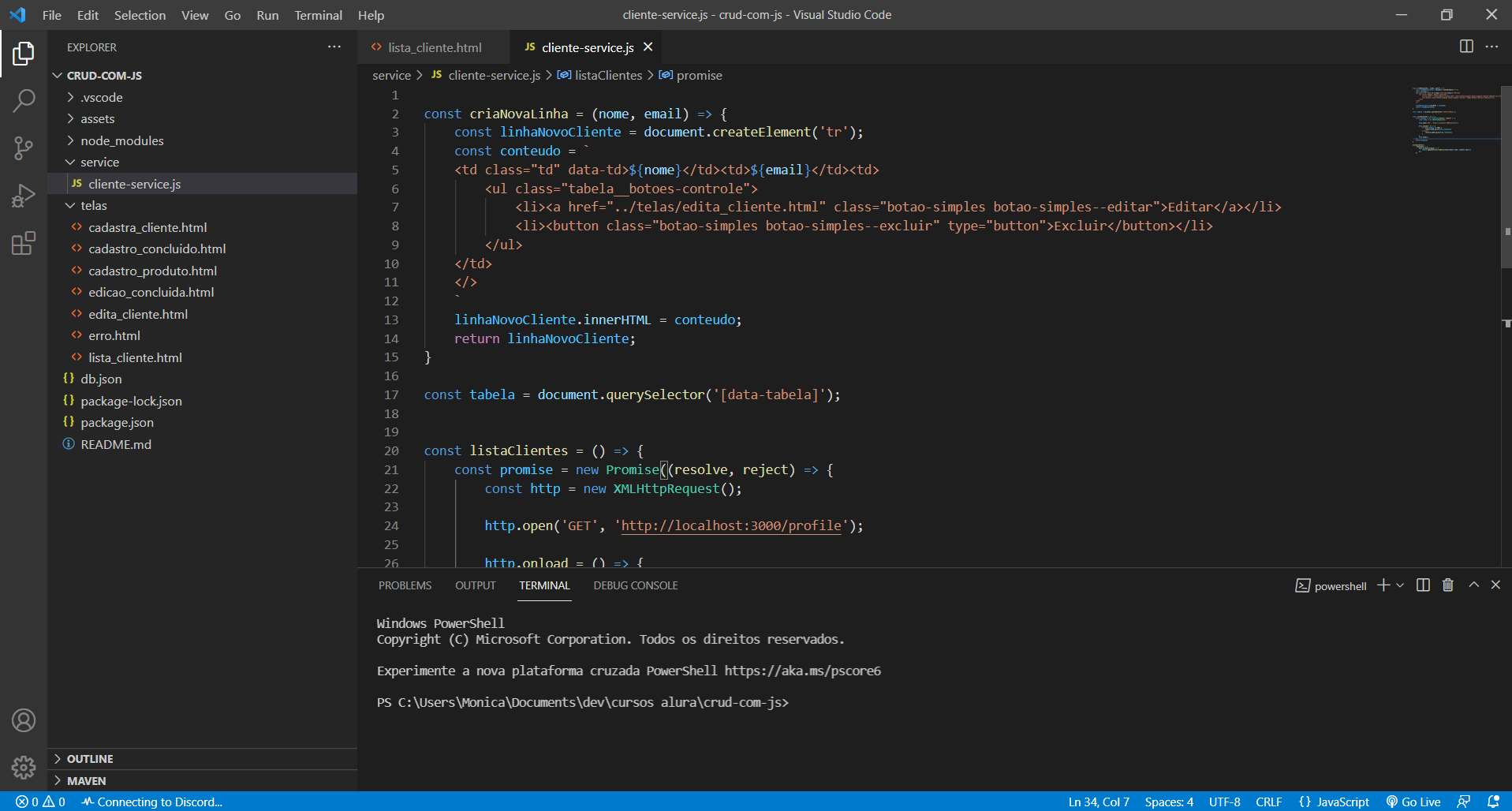 Screenshot do editor Visual Studio Code com um projeto em Javascript aberto, no lado esquerdo há a estrutura de pastas do projeto, na parte superior do meio há um código e na parte central inferior o terminal