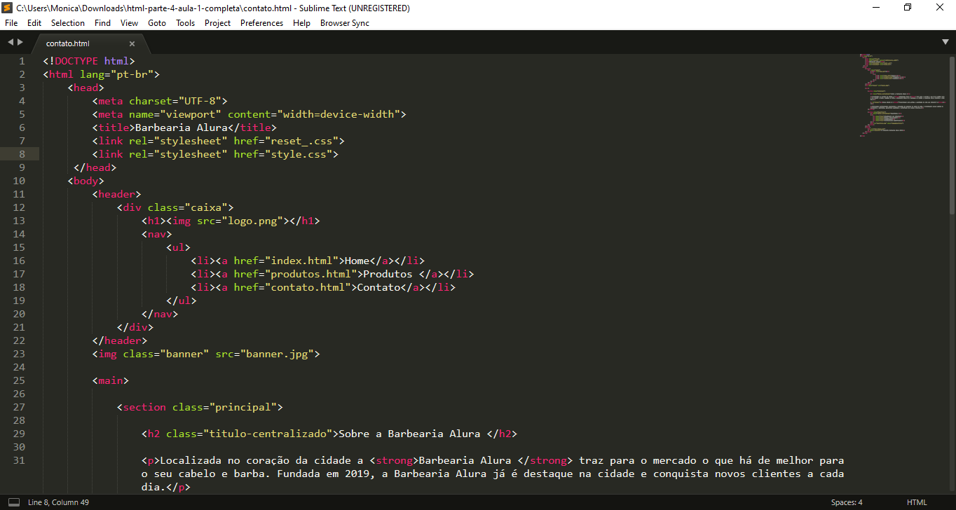 Tela do Sublime Text com trechos de código HTML.