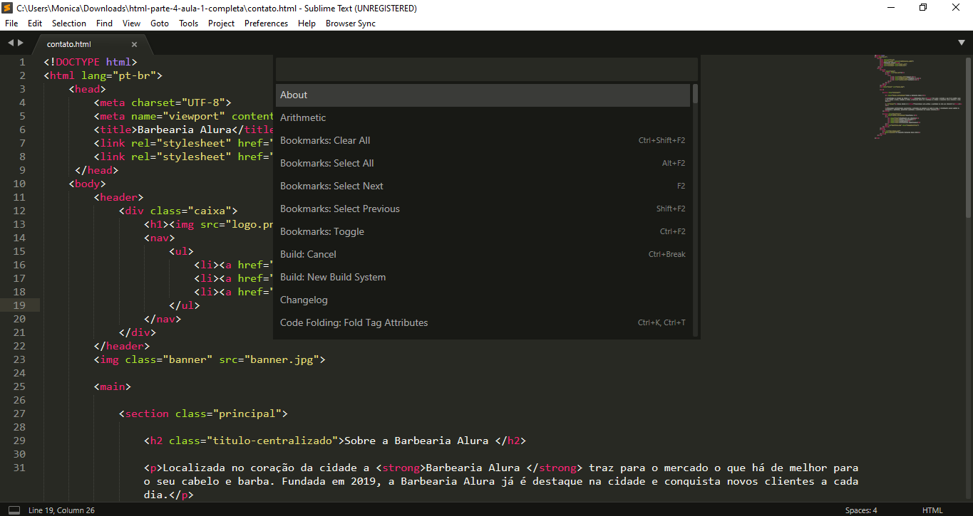 Janela do Command Palette sobrepondo a tela do Sublime Text com trechos de código HTML.