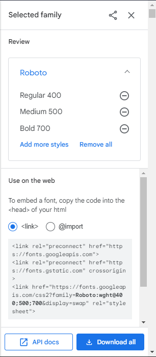 Menu lateral da página da Google Fonts com as diferentes variações da fonte selecionadas. Abaixo a opção link foi selecionada e código html está sendo mostrado. São 3 tags link geradas pelo site.