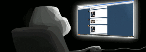 Gif de um desenho mostrando uma pessoa de costas, sentada em uma cadeira e de frente para a tela de um computador. A pessoa está com a mão apoiada sobre um mouse, rolando rapidamente o feed de uma página da internet.