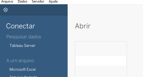 Print da aba “Conectar” do Tableau. Na parte superior temos a barra de menu com as palavras Arquivo, Dados, Servidor, Ajuda. Logo abaixo da palavra Arquivo temos a logo do Tableau na cor branca em cima de uma faixa azul escuro. Abaixo da logo, temos uma coluna com palavras, dispostas de cima para baixo: Conectar, pesquisar dados, Tableau server, A um arquivo, Microsoft Excel. Elas estão na cor branca e em um fundo azul claro. Ao lado dessa coluna azul, temos a palavra Abrir na cor cinza escuro em um fundo cinza claro.