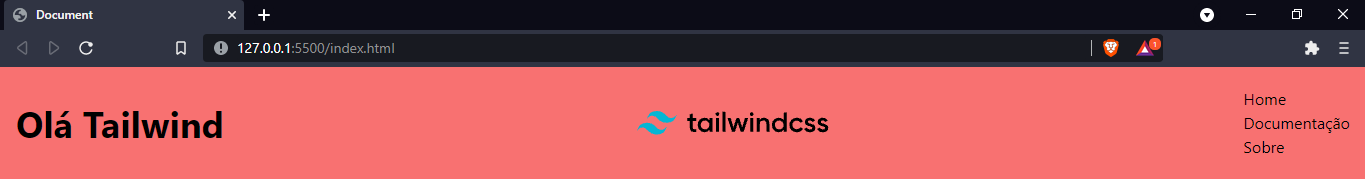 Um cabeçalho de página na web com três elementos alinhados na vertical, um do lado do outro com um espaçamento entre eles. Os elementos são: “Olá Tailwind”, alinhado a esquerda, a logotipo do tailwind centralizada e a palavras home, documentação e sobre, alinhadas a direita e uma sobre a outra.