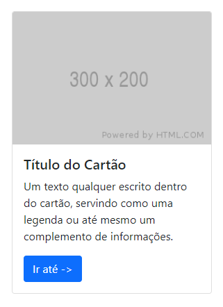 Um cartão com bordas arredondadas dividido em duas partes. A parte de cima está com uma imagem cinza como placeholder e a parte de baixo contém um texto qualquer com um botão no final