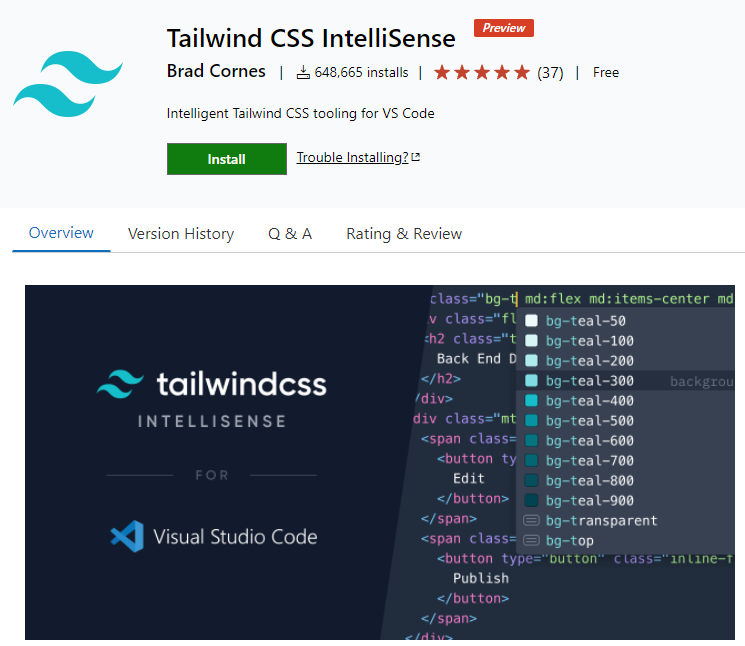 Página inicial do plugin Tailwind CSS IntelliSense no marketplace de plugins do Visual Studio Code.