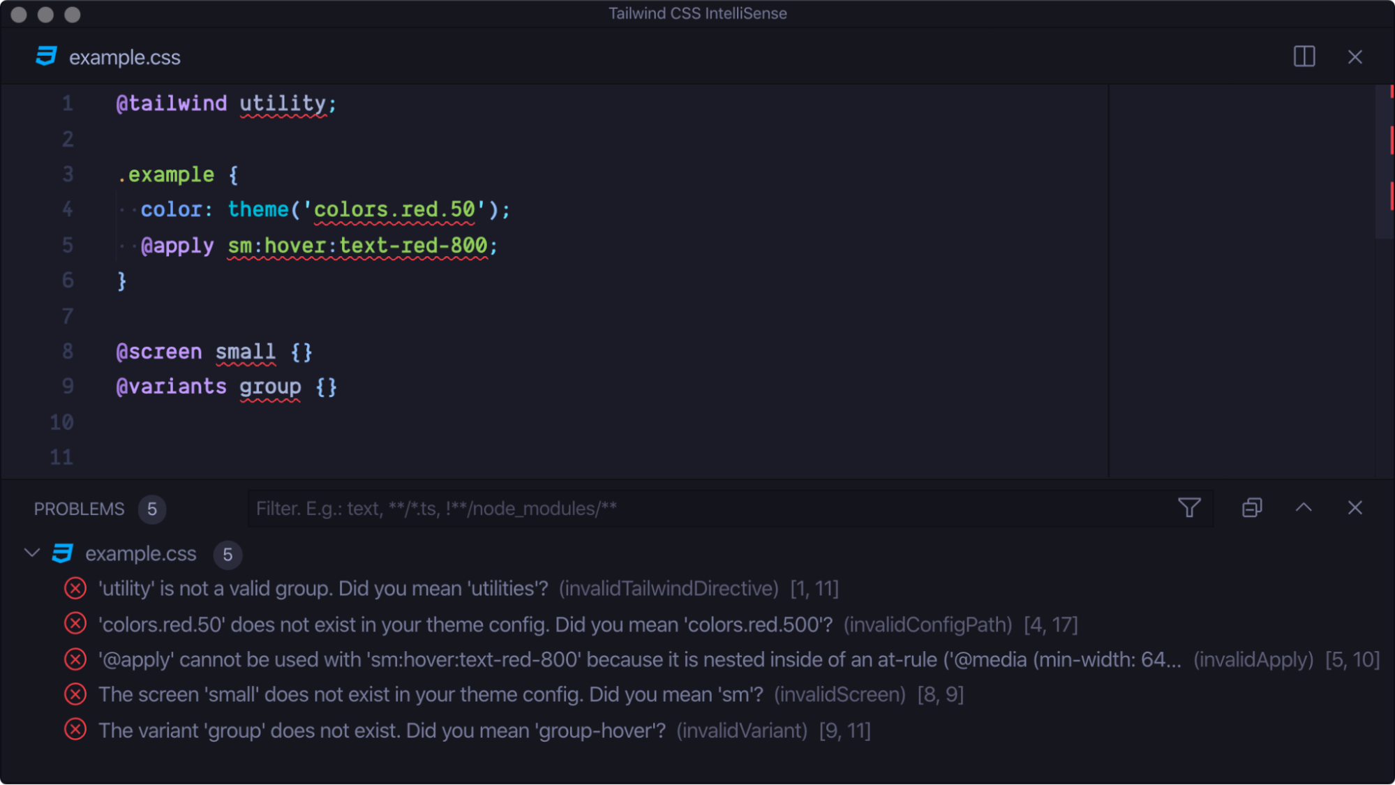 Exemplo de escrita de uma classe customizada e com erros que são apontados em destaque. Em outro painel do Visual Studio Code estão sugestões de como resolver esses erros.