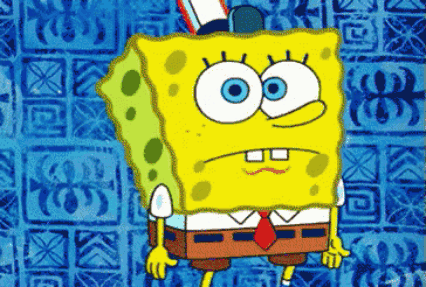 Vê-se uma imagem do personagem chamado Bob Esponja de desenho animado, com fundo azul, gesticulando com os dois braços e mãos.
