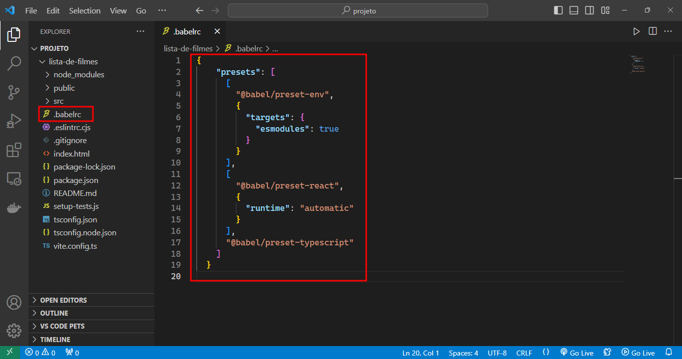 Tela do VS Code com a aba Explorer com o projeto lista de filmes aberta na lateral esquerda. Ao centro da tela o arquivo babelrc aberto com um trecho de código para converter as informações de React, Jest e TypeScript.