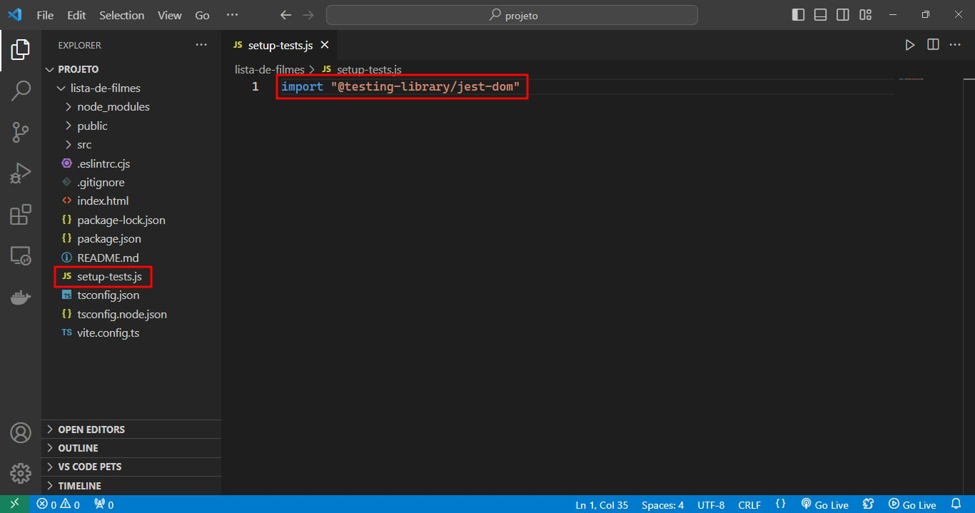 Tela do VS Code com a aba Explorer com o projeto lista de filmes aberta na lateral esquerda. Ao centro da tela o arquivo setup-tests.js aberto com a importação da *lib* jest-dom do React Testing Library.