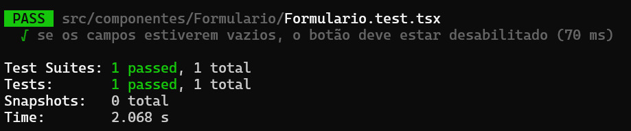 Linha de comando com um teste no formulário sendo aprovado.