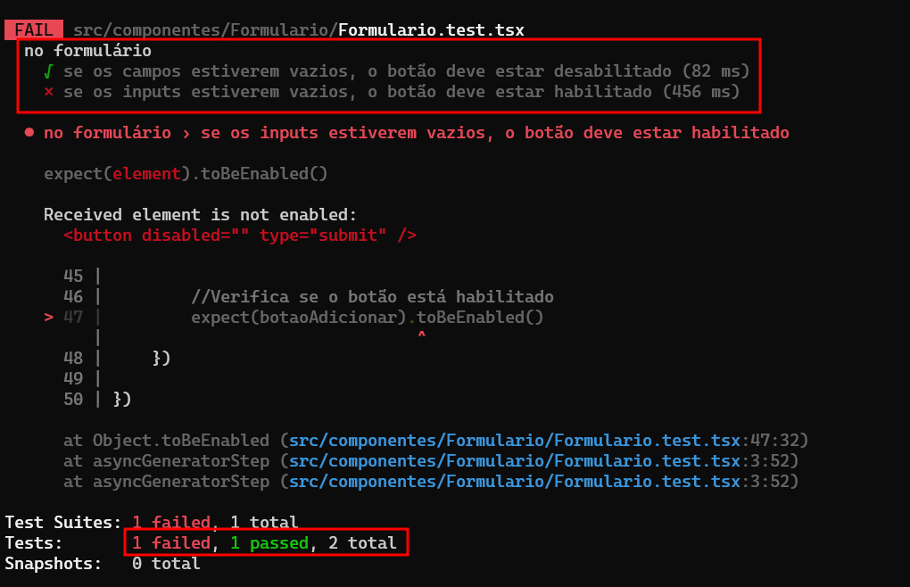 Linha de comando. Na parte superior está o agrupamento dos dois testes devido ao uso do describe. No meio está a mensagem de erro indicando o motivo da falha no teste. Na parte inferior temos a quantidade de testes aprovados ou reprovados.