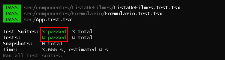 Linha de comando. Três arquivos são testados com quatro testes sendo aprovados.