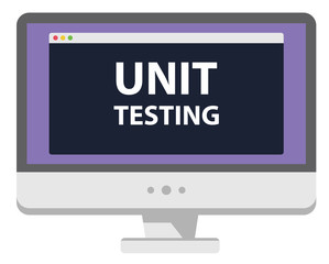 Monitor de computador com a tela na cor roxa, exibindo uma janela com o nome “Unit testing”, ou “testes unitários”, em tradução livre.