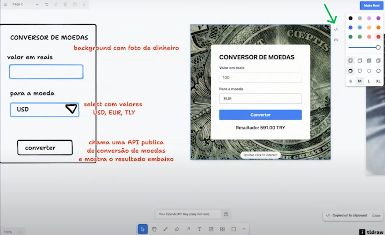 Imagem contendo um print da tela do TLDraw, onde há um desenho da estrutura de um conversor de moedas, com algumas descrições de como o produto irá funcionar. À direita, há uma captura de tela do conversor de moedas, destacando os elementos principais em uma tela clara.