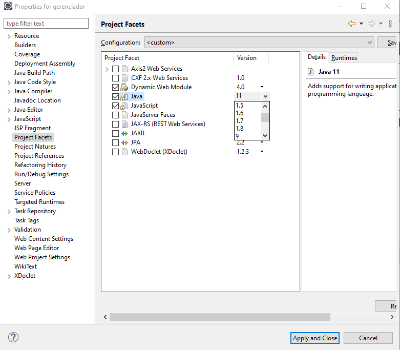 Imagem mostra uma janela de properties de um projeto java web do Eclipse, nela podemos observar a guia “Project Facets” com suas diversas opções a serem configuradas