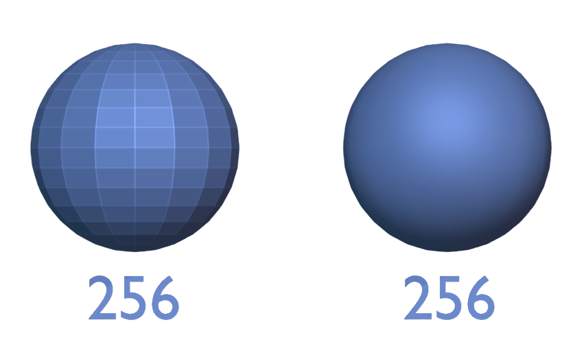 Dois modelos com o mesmo número de polígonos, mas mostrando a diferença com um deles aplicado com o modificador de suavização na cor cinza.