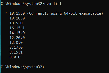 Print do terminal após rodar o comando `nvm list` assim mostrando todas as versões do Node.JS já instaladas, sendo que a versão 18.15.0 é a que está sendo usada.