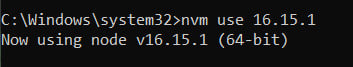 Print do terminal com o comando `nvm use 16.15.1` e mensagem de sucesso para usar a versão.