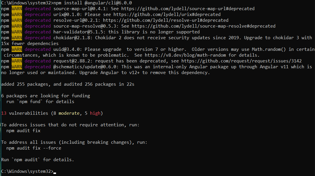 Terminal mostrando progresso de instalação do Angular após usar o comando `npm install -g @angular/cli@6.0.0`.