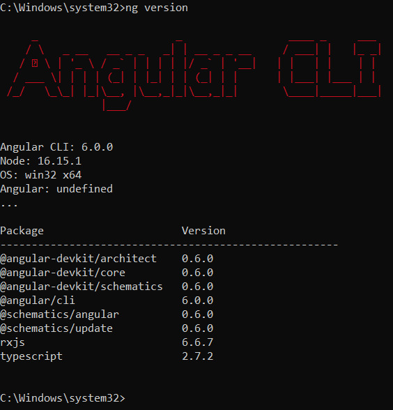 Terminal mostrando a versão instalada do Angular após rodar o comando `ng version`, onde mostra também as versões do Node.js, do Sistema Operacional e dos pacotes essenciais do Angular.