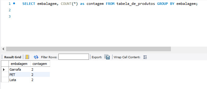 alt text:  Na parte superior da imagem é apresentada 3 linhas numeradas de 1 a 3, respectivamente. A primeira linha contém a seguinte informação: SELECT embalagem, COUNT(*) as contagem FROM tabela_de_produtos GROUP BY embalagem;. Na parte inferior da tabela é apresentada uma barra de rolagem horizontal e uma tabela com duas colunas, sendo a resultante da query executada com a função COUNT. Na coluna embalagem temos as embalagens: garrafa, PET e Lata. Na coluna contagem temos o número 2 repetido nas três linhas.