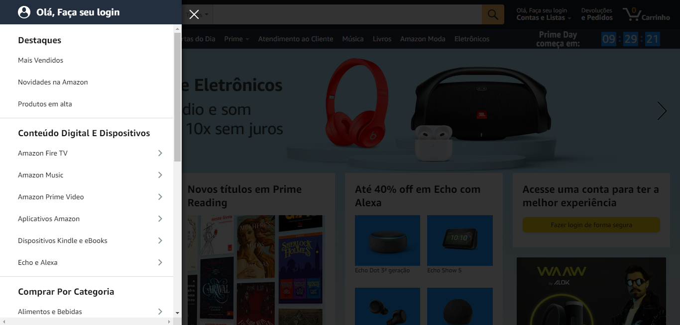alt text: foto mostrando a página inicial do e-commerce, ou loja virtual, da empresa Amazon com o menu lateral aberto