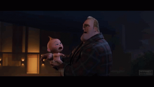 Gif. O gif é um recorte de uma cena do filme Os Incríveis 2 (2018) da Disney Pixar, onde mostra o Sr. Incrível segurando seu filho Zézé que ao espirrar alterna entre três poderes, de fogo, relâmpago e raio laser dos olhos.