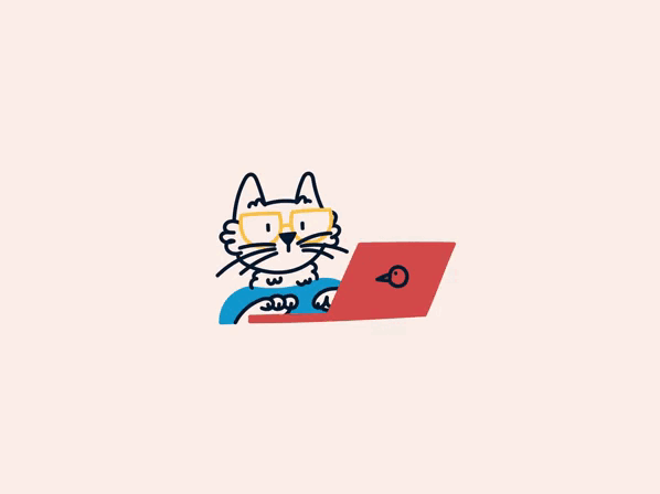 Gif de um gato usando óculos amarelo e camisa azul mexendo em um notebook vermelho.