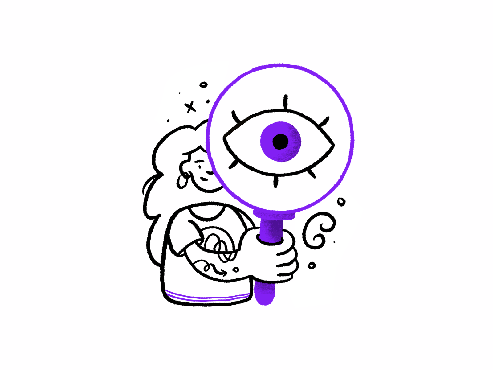 Gif de uma ilustração de uma mulher tatuada segurando uma lupa gigante. O olho pisca quando ela mexe o braço.