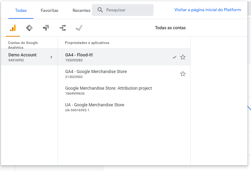 Captura de tela da página inicial do Google Analytics 4, em que são mostrados o nome da conta e seu código GA, e ao lado as propriedades e aplicativos organizados um embaixo do outro.
