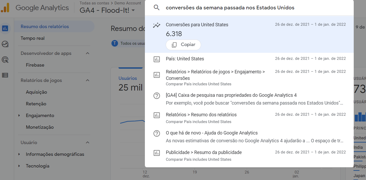 Captura de tela mostrando a interface da página inicial do Google Analytics 4 com uma pergunta digitada na ferramenta de pesquisa no canto superior da tela, ao lado do nome da conta. A pergunta é “conversões da semana passada nos Estados Unidos”, e abaixo dela está aberta a caixa com os resultados que mostram números das conversões dos estados unidos e outras opções de relatórios que podem ajudar com insights.