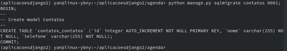 Resposta do comando sqlmigrate no Django