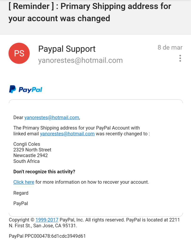 Email falso do Paypal