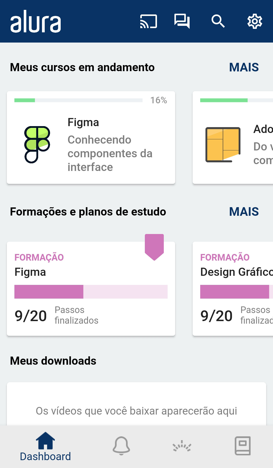 Imagem da tela inicial do app da Alura. Nela, pode-se ver diversos ícones, tanto como botões quanto como representativos dos cursos.