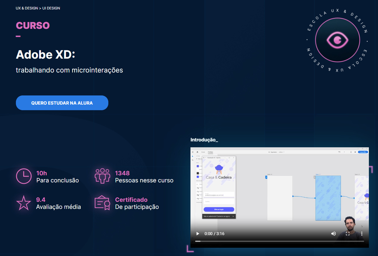 Imagem da tela referente ao curso Adobe XD: trabalhando com microinterações na plataforma da Alura na web. Os ícones desta tela referem-se às informações do número de horas necessárias para a conclusão do curso (10h), a avaliação média (9,4) e o número de alunos e alunas até este momento (1348), bem como ao fato do curso conferir certificado de participação.