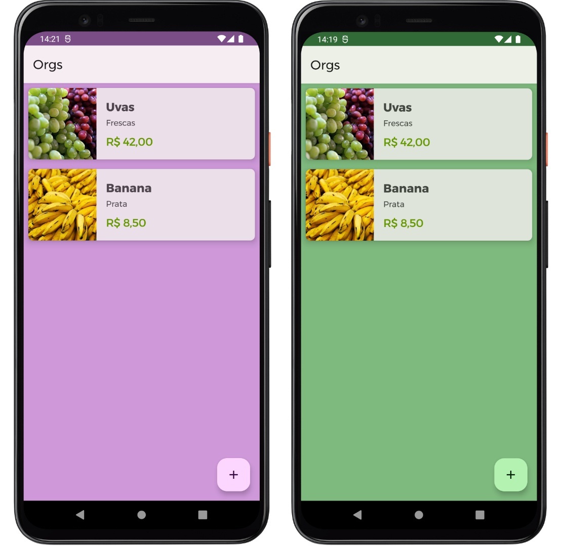 Imagem que coloca, lado a lado, duas representações de celulares com o aplicativo Orgs aberto. O celular à esquerda mostra uma lista de dois cards e um fundo na cor roxa. O celular à direita mostra a mesma lista de cards, porém o fundo do aplicativo está na cor verde.