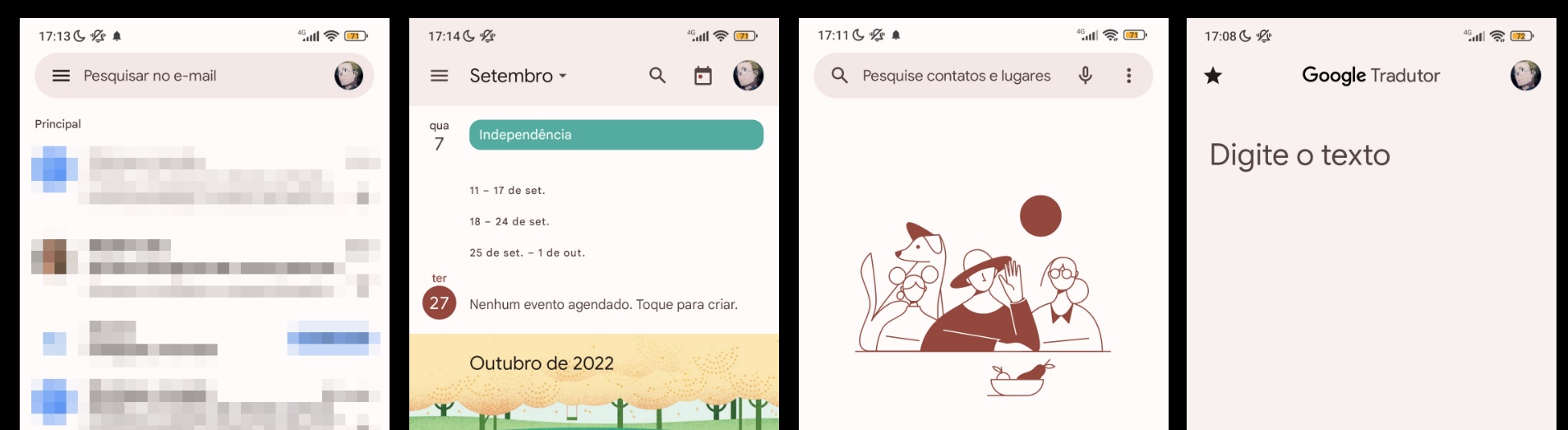 Imagem que mostra a interface de quatro aplicativos da Google: gmail, agenda, telefone e google tradutor, todos em tons mais claros e neutros.