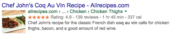 Resultado da busca do AllRecipes com diversas informações interessantes a mais