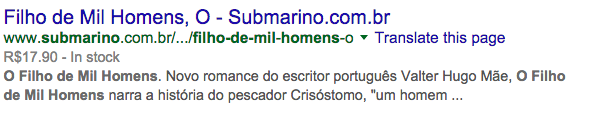 Página com informações de preço